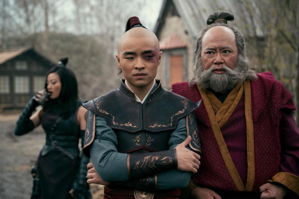 Arden Cho as June, Dallas Liu as Prince Zuko and Paul Sun-Hyung Lee as Uncle Iroh in season 1 of Netflix's "Avatar: The Last Airbender"