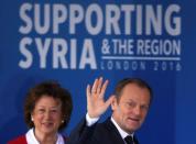 President of the European Council Donald Tusk waves as he arrives at the donors Conference for Syria in London, Britain February 4, 2016. REUTERS/Toby Melville