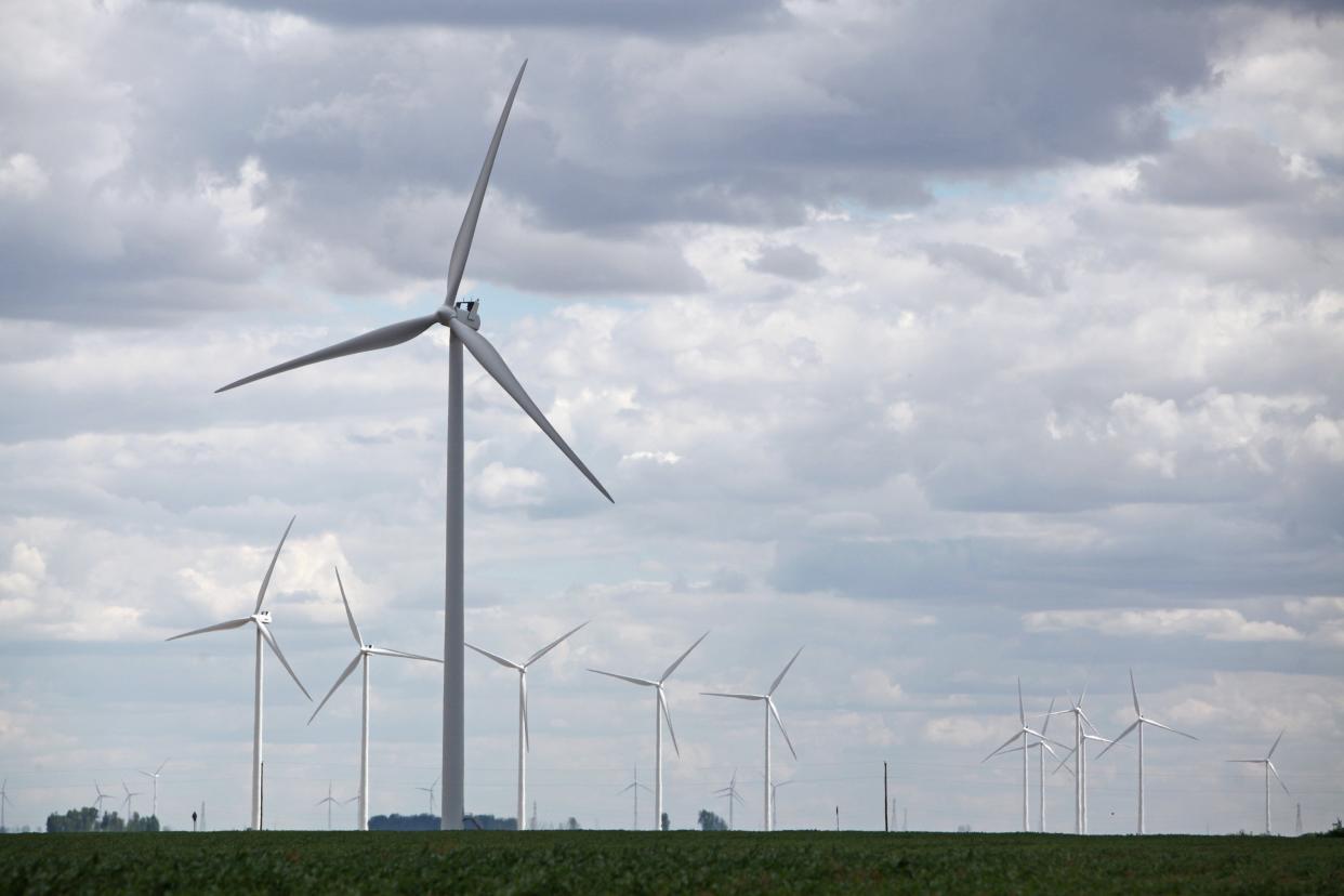 The Timber Road II Wind Farm in Paulding County in northwest Ohio, seen here, consists of some 55 Vestas V100 1.815-megawatt (MW) turbines.  Together with the adjacent Timber Road IV Wind Farm consisting of 24 Vestas V150 4.2-MW wind turbines and seven Vestas V136 3.6-MW wind turbines, they generate enough electricity to power more than 60,000 homes.