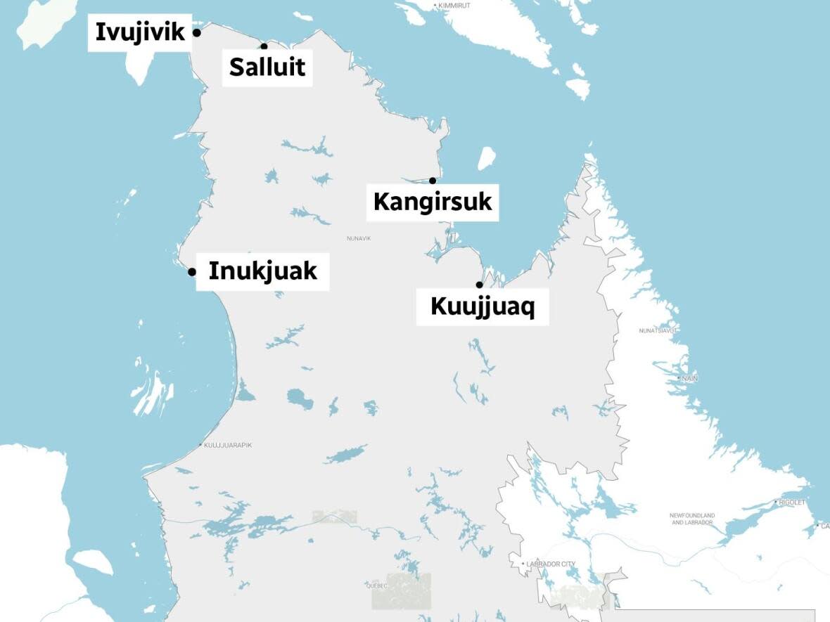 The Nunavik villages of Salluit, Ivujivik and Kangirsuk are on red alert for COVID-19, meaning all non-essential activities are curtailed for now. Inukjuak, which has two active cases, appears to be stable for now. Kuujjuaq is the region's administrative centre.  (CBC - image credit)