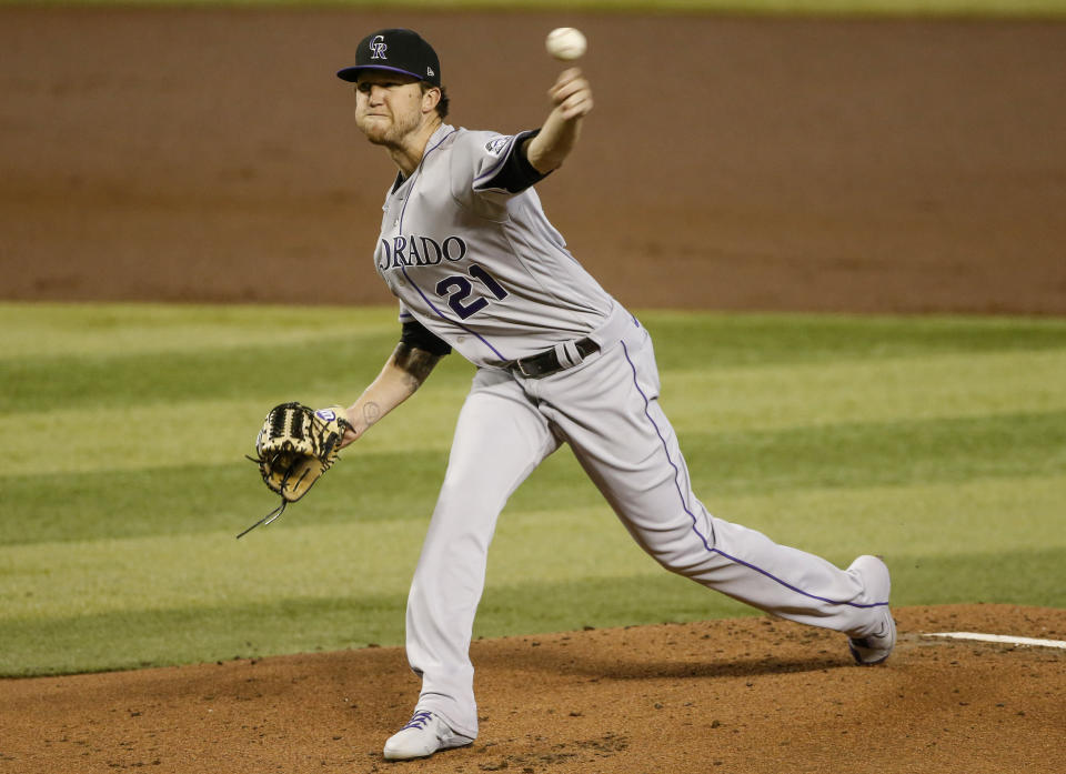 Colorado Rockies' Kyle Freeland delivers a pitch against the Arizona Diamondbacks during the first inning of a baseball game Sunday, Sept. 27, 2020, in Phoenix. (AP Photo/Darryl Webb)