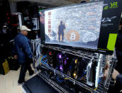 A cryptocurrency mining computer equipped with high-end graphic cards is seen on display at a computer mall in Hong Kong, China January 29, 2018. Picture taken January 29, 2018. REUTERS/Bobby Yip