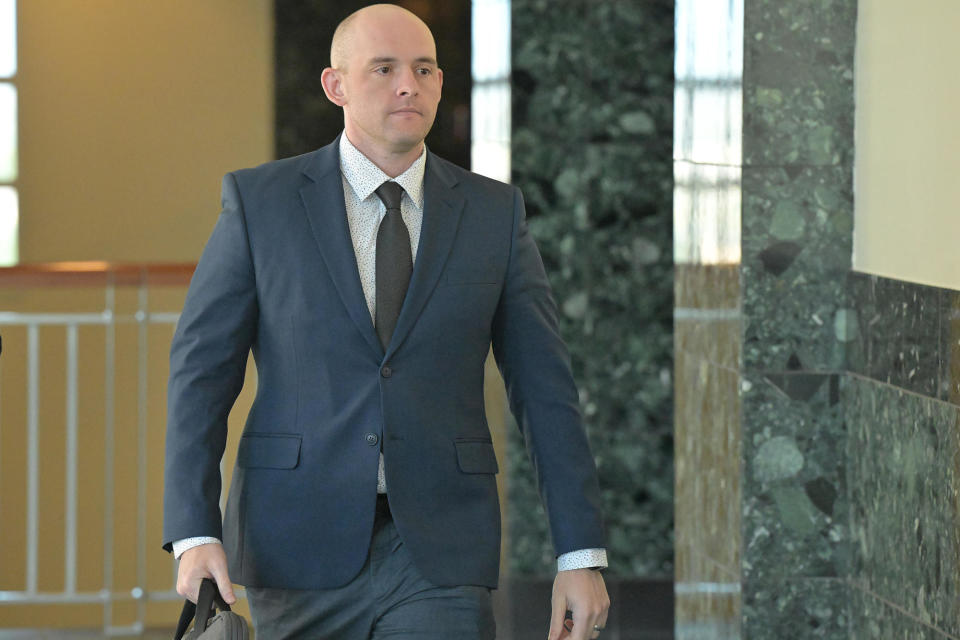 Former Aurora Police officer Jason Rosenblatt arrives at the Adams County Justice Center in Brighton, Colorado on Sept. 20, 2023. / Credit: Hyoung Chang/The Denver Post via Getty Images