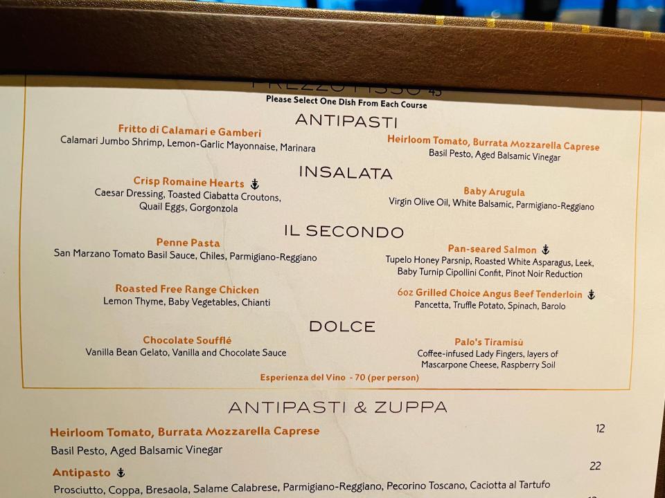 the menu at palo steakhouse on disney wish