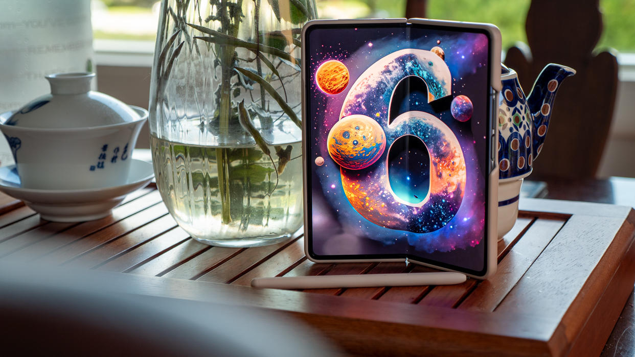  A mockup of the Samsung Galaxy Z Fold 6 using wallpaper generated by Adobe Firefly AI. 