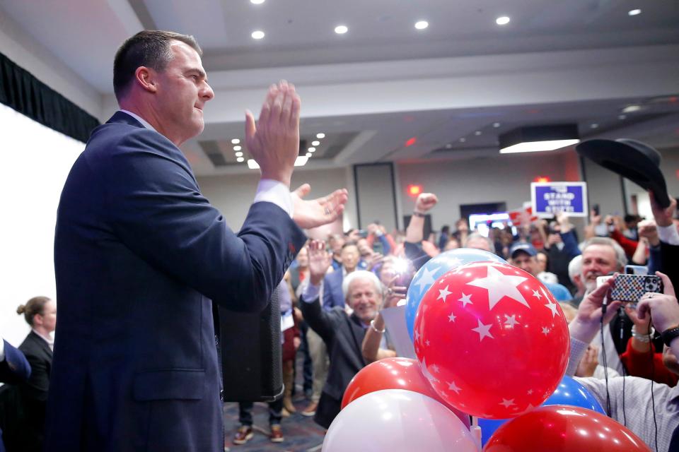 Oklahoma Gov. Kevin Stitt celebrates at a GOP election night watch party after securing a second term in office.