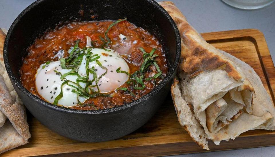 A favorite brunch order at Clay & Fire: chirbuli with handmade bread.