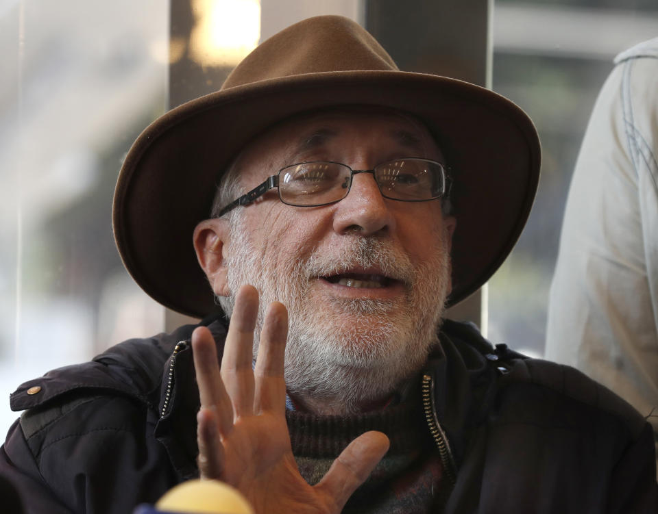 Mexican writer and activist Javier Sicilia gives a press conference in Mexico City, Thursday, Jan. 9, 2020. Sicilia and other activists are calling to march against violence on Jan. 23, from Cuernavaca, Morelos state, to the National Palace in the Mexico’s capital. (AP Photo/Marco Ugarte)