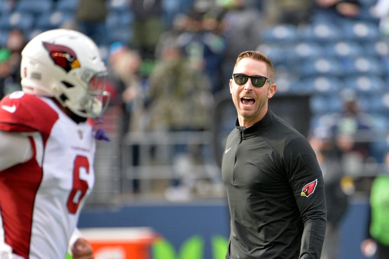 Nov 21, 2021; Seattle, Washington, USA; Arizona Cardinals head coach Kliff Kingsbury during pregame warmups prior to the game between the Seattle Seahawks and Arizona Cardinals at Lumen Field.