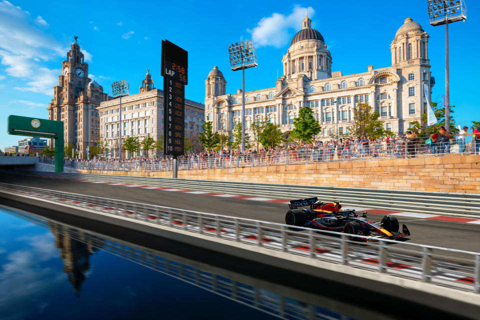 AI-generated image of a UK landmark with an F1 racetrack added