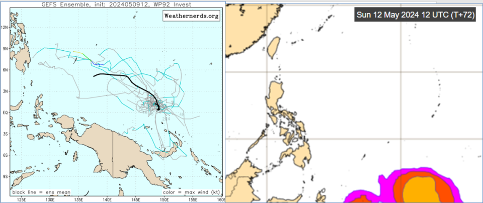 最新（9日20時）美國系集模式（GEFS）模擬圖顯示，下週菲律賓東方海面有熱帶擾動發展，但機率有降低跡象（左）；最新（12日20時）歐洲系集模式（ECMWF）模擬圖顯示，熱帶擾動發展機率亦有類似調整（右）。翻攝自氣象應用推廣基金會、weathernerds，ECMWF網站