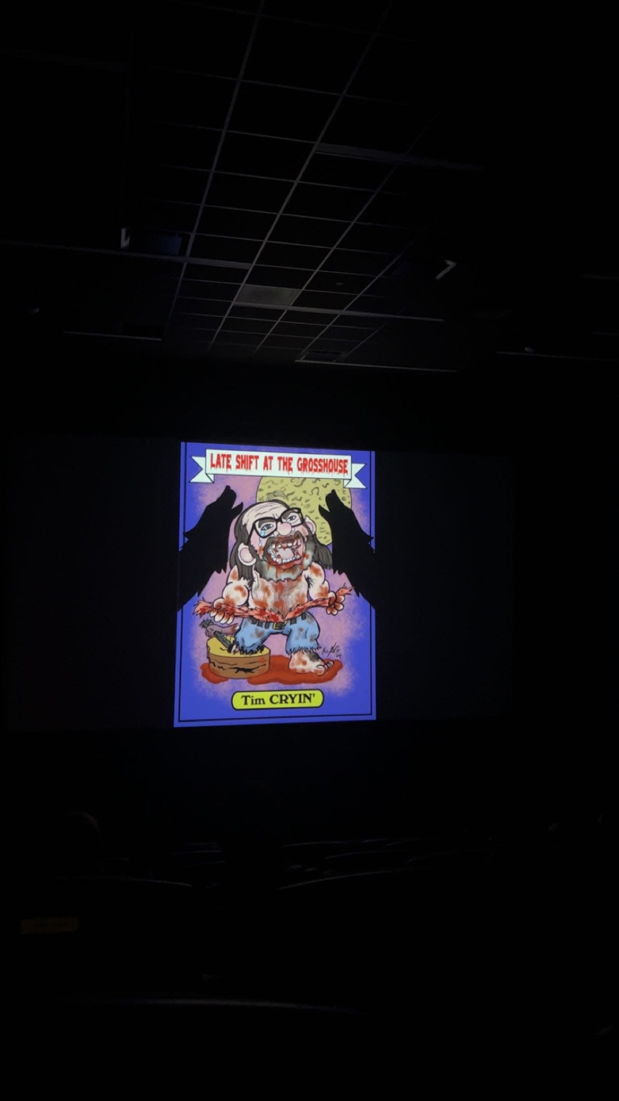 A snap of what might play during the preshow includes a graphic advertising "Late Shift at the Grindhouse" inspired by other themes and characters in Grindhouse cinema.