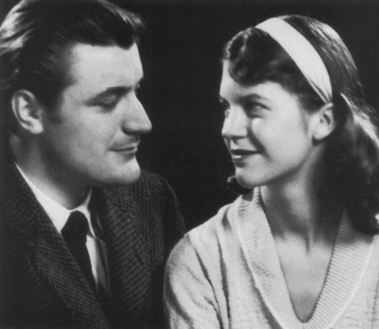 Sylvia Plath with her husband Ted Hughes in England, 1956