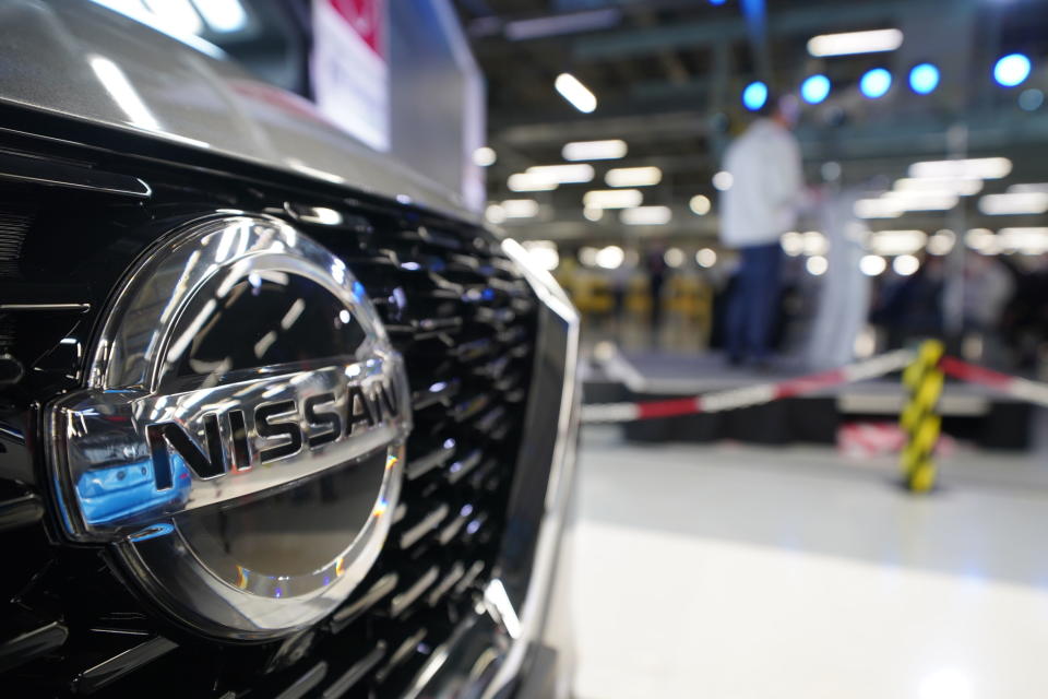 A view of a Nissan vehicle, at the Nissan Motor Co. plant, in Sunderland, England, Thursday July 1, 2021. Japanese carmaker Nissan and two partners announced plans to invest 1 billion ($1.4 billion) pounds to produce a new model of an all-electric vehicle and batteries in northeast England, a major victory for the U.K. government’s efforts to attract jobs and investment following the country’s departure from the European Union. (Owen Humphreys/PA via AP)