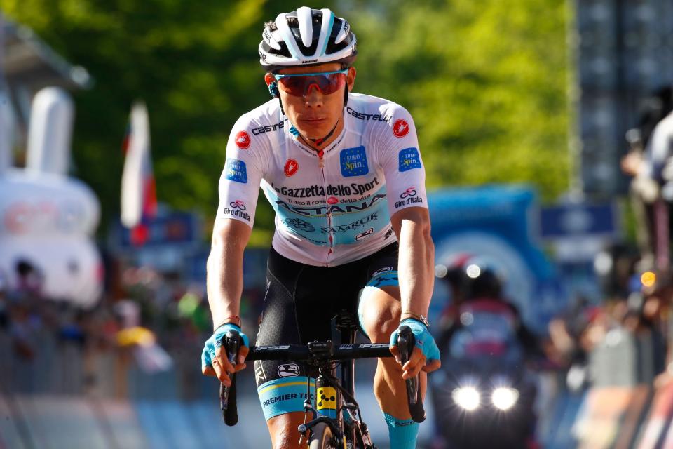 Team Astana rider Colombia's Miguel Angel Lopez crosses the finish line of stage twenty of the 102nd Giro d'Italia - Tour of Italy - cycle race, 194kms from Feltre to Croce D'Aune-Monte Avena on June 1, 2019. (Photo by Luk BENIES / AFP)        (Photo credit should read LUK BENIES/AFP/Getty Images)