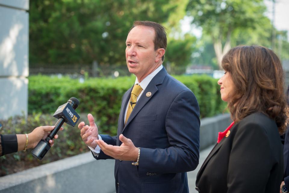 Republican Attorney General Jeff Landry, pictured here at a press conference on Jun 10, 2021, is a candidate in the 2023 Louisiana governor's race.