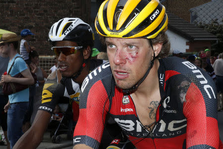 BMC Racing rider Daniel Oss of Italy reacts during the 159,5 km (99 miles) third stage of the 102nd Tour de France cycling race from Anvers to Huy, Belgium, July 6, 2015. REUTERS/Benoit Tessier