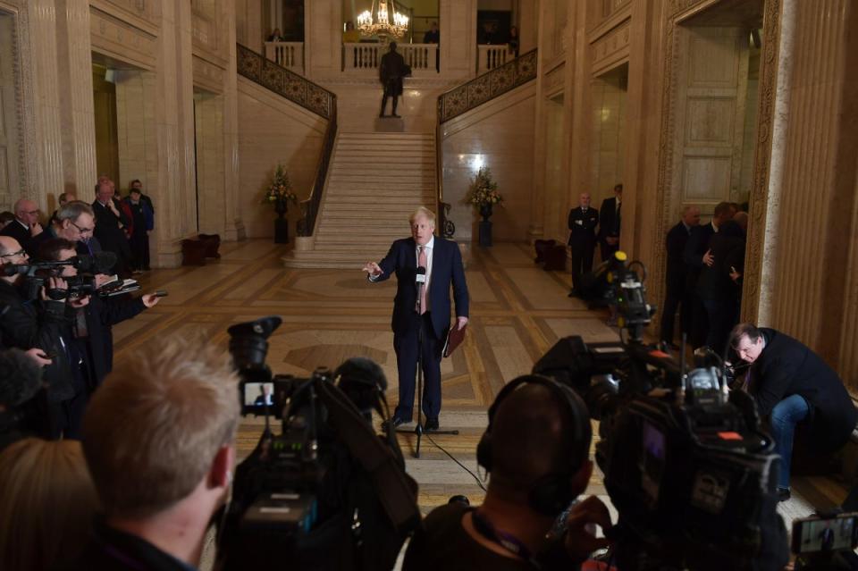 Boris Johnson delivers an address at Stormont in January 2020 (Getty)