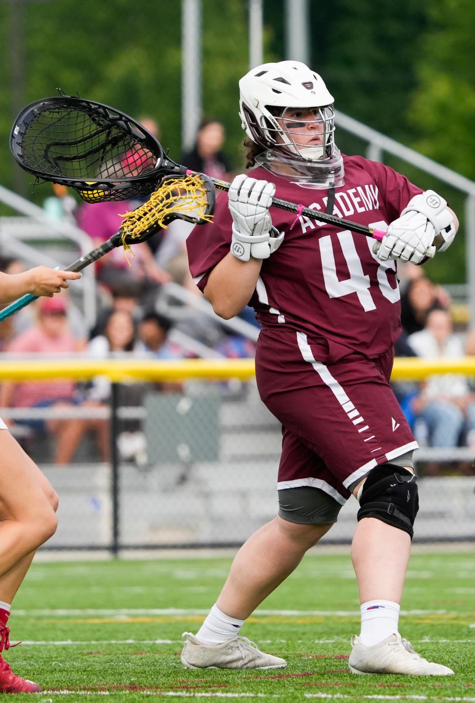Fri., May 27, 2022; Columbus, Ohio, USA; Columbus Academy Vikings goaltender Hannah Simpson (48) looks to pass after making a save during the first half of an OHSAA Division II girls' lacrosse regional final between the Bishop Watterson Eagles and the Columbus Academy Vikings at Bishop Watterson High School. Mandatory Credit: Joshua A. Bickel/Columbus Dispatch