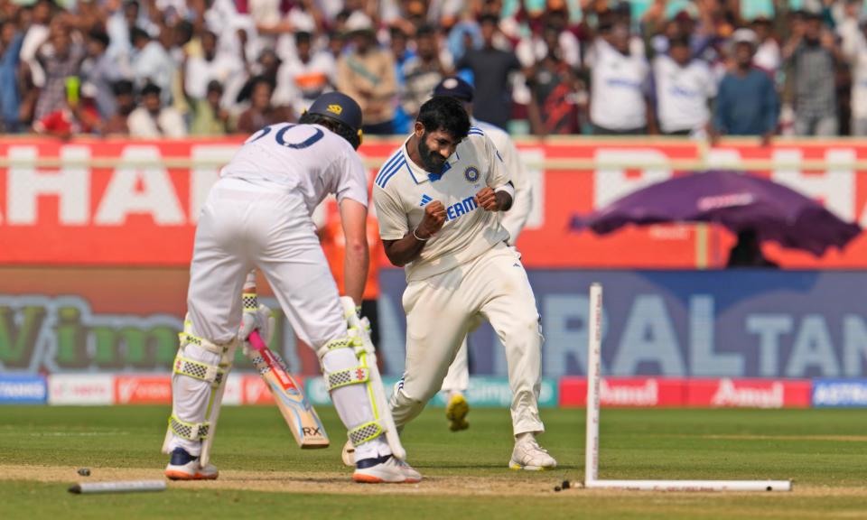 <span>India's Jasprit Bumrah celebrates after taking the wicket of England's Ollie Pope with a brutal delivery.</span><span>Photograph: Manish Swarup/AP</span>