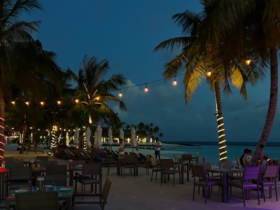 beach club at dusk in maldives