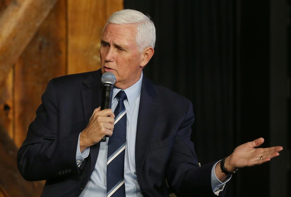 Former Vice President Mike Pence speaks March 18 at The River Center in Des Moines during a panel discussion about America’s strength and leadership abroad and its importance. The panel was organized by The Bastion Institute.