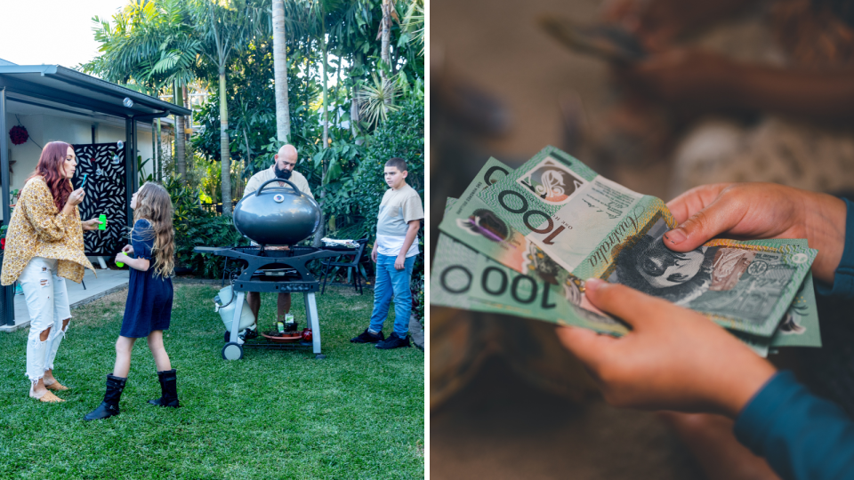 A composite image of an Australian family playing in the backyard and a kid holding $100 notes to represent pocket money.