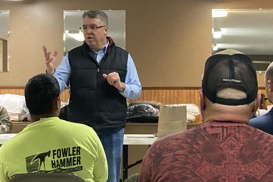 Wisconsin U.S. House candidate Brad Pfaff, a Democrat, speaks at a labor union meeting in Bangor, Wis., Oct. 11, 2022. Pfaff is trying to make Republican Derrick Van Orden’s attendance at the protests in Washington, D.C., on Jan. 6, 2021, the defining issue in Wisconsin’s 3rd District race, though it is gaining little traction in the closing weeks of the campaign. (AP Photo/Thomas Beaumont)