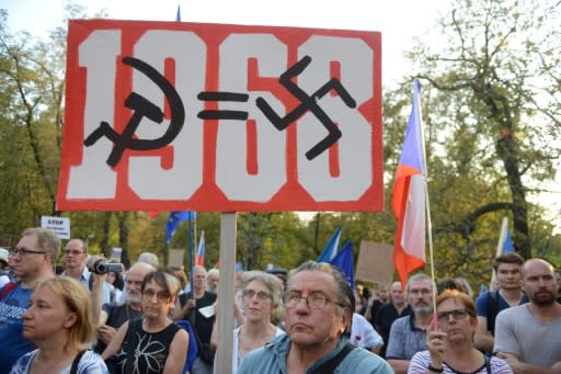 A demonstration to mark the 50th anniversary of the Soviet-led invasion of former Czechoslovakia in 1968 in front of the Russian embassy in Prague on August 20, 2018