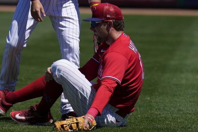Philadelphia Phillies first baseman Rhys Hoskins after getting injured against the Detroit Tigers during the second inning of a spring training baseball game Thursday, March 23, 2023, in Clearwater, Fla.