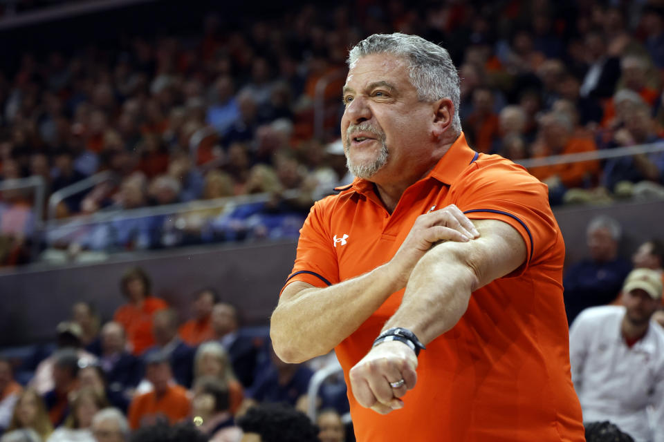 Auburn head coach Bruce Pearl reacts to a call during the first half of an NCAA college basketball game against Alabama, Wednesday, Feb. 7, 2024, in Auburn, Ala. (AP Photo/Butch Dill)