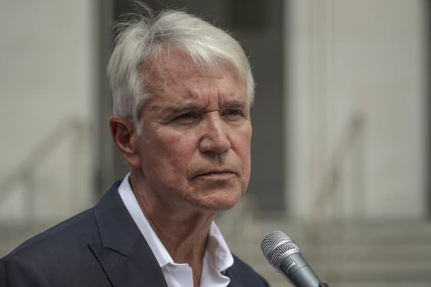 Los Angeles, CA - June 18: Los Angeles District Attorney George Gascon, joined by members of SEIU Local 2015 and other local leaders, addresses a news conference held on the steps of Hall of Justice on Friday, June 18, 2021 in Los Angeles, CA. (Irfan Khan / Los Angeles Times)