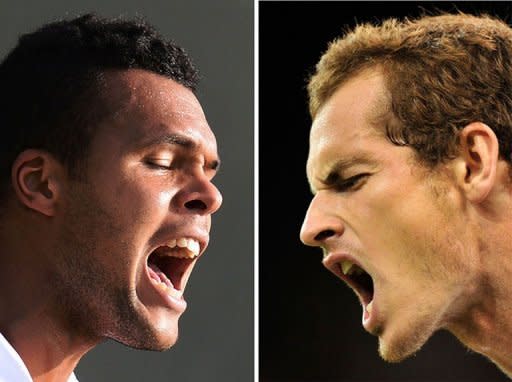 This combo photo shows France's Jo-Wilfried Tsonga (L) and Britain's Andy Murray, reacting in recent men's singles matches during the 2012 Wimbledon Championships tennis tournament at the All England Tennis Club in Wimbledon