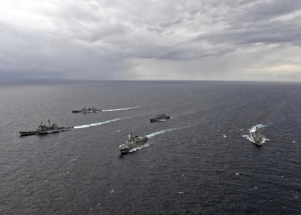 In this photo provided by South Korea Defense Ministry, the USS Robert Smalls cruiser, left, South Korean Navy's Yulgok Yi I destroyer, right, South Korean Navy's Dae Jo Yeong destroyer, rear left, combat support ship Cheonji and the USS Shoup destroyer, rear right, sail during a joint naval exercise in South Korea's East Sea, Monday, Sept. 25, 2023. North Korea on Monday called South Korean President Yoon Suk Yeol 