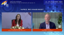 In this image from video released by APEC CEO Dialogues Malaysia 2020, New Zealand's Prime Minister Jacinda Ardern, left, speaks as Microsoft President Brad Smith listens at a CEO Dialogue forum via video link, ahead of the Asia-Pacific Economic Cooperation (APEC) leaders' summit, hosted by Malaysia, in Kuala Lumpur, Malaysia, Friday, Nov. 20, 2020. (APEC CEO Dialogues Malaysia 2020 via AP)