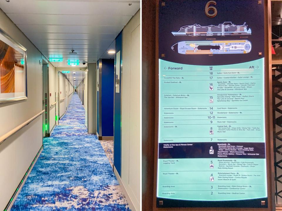 A hallway on the cruise ship (L) map of the ship (R)