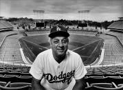 Tommy Lasorda, poses during a 1980 Los Angeles, California, photo portrait session at Dodger Stadium. (Photo by George Rose/Getty Images)