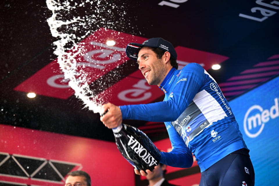 MELFI ITALY  MAY 08 Thibaut Pinot of France and Team Groupama  FDJ celebrates at podium as Blue Mountain Jersey winner during the 106th Giro dItalia 2023 Stage 3 a 213km stage from Vasto to Melfi 532m  UCIWT  on May 08 2023 in Melfi Italy Photo by Stuart FranklinGetty Images