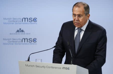 Russian Foreign Minister Sergei Lavrov talks at the Munich Security Conference in Munich, Germany, February 17, 2018. REUTERS/Ralph Orlowski