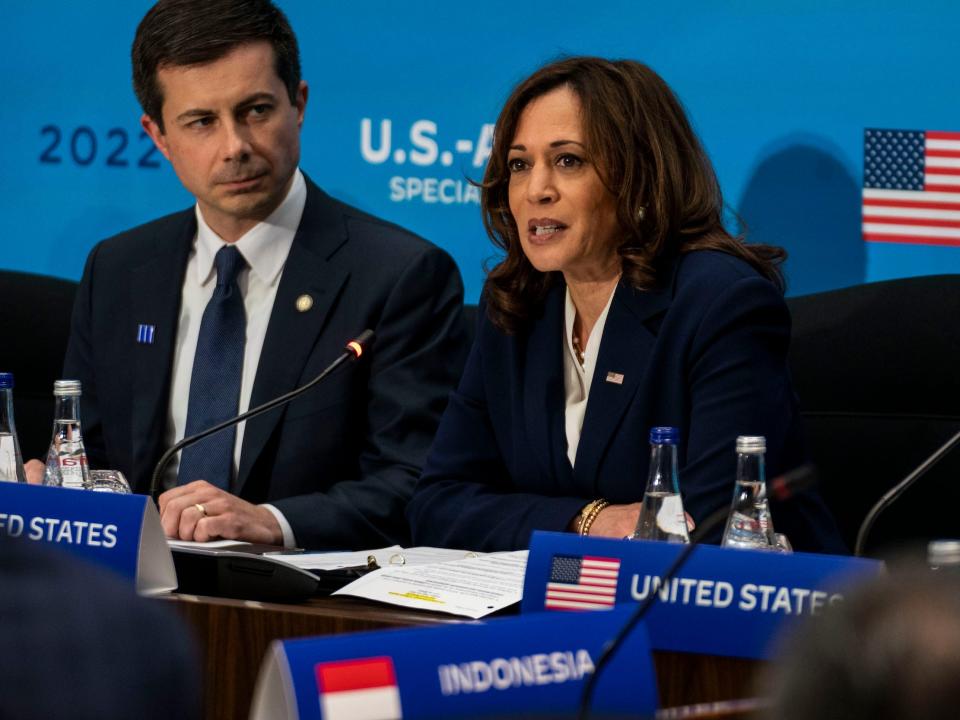 Transportation Secretary Pete Buttigieg and Vice President Kamala Harris.