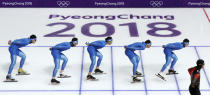 <p>Skaters of Italy practice the men’s team pursuit at the Gangneung Oval at the 2018 Winter Olympics in Gangneung, South Korea, Saturday, Feb. 17, 2018. (AP Photo/Eugene Hoshiko) </p>