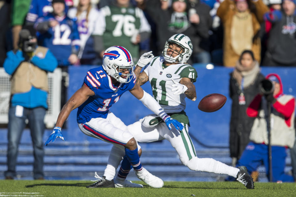 <p>Buster Skrine #41 of the New York Jets is called for pass interference while breaking up a pass intended for Zay Jones #11 of the Buffalo Bills during the first quarter at New Era Field on December 9, 2018 in Orchard Park, New York. (Photo by Brett Carlsen/Getty Images) </p>