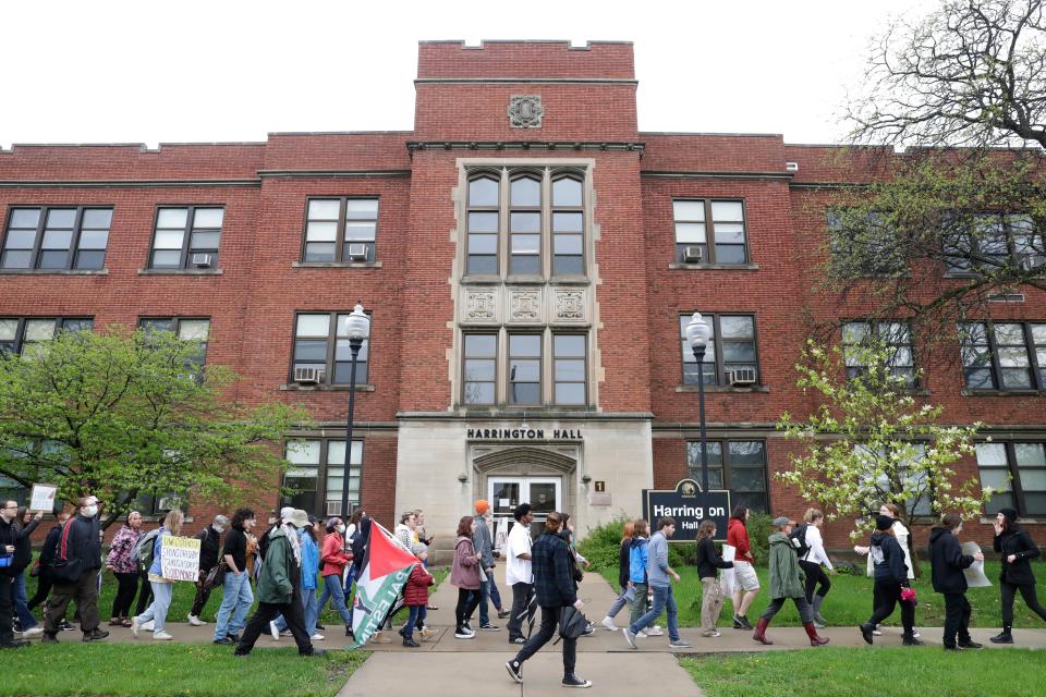 Students and citizens participate in a march for Palestine Tuesday, May 7, 2024, at the University of Wisconsin-Oshkosh in Oshkosh, Wisconsin. The OSSA (Oshkosh Student Socialist Association) organized the protest, and the UWO College of Democrats, SDS, and UWO Disability Advocates cosponsored the event.