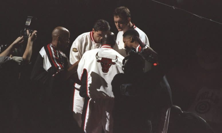 The Chicago Bulls' starters for a 1998 NBA Finals game.