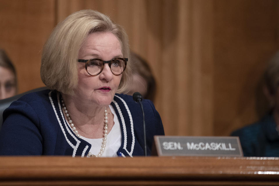 FILE - This Oct. 10, 2018 file photo shows Sen. Claire McCaskill, D-Mo., during a hearing of the Senate Committee on Homeland Security & Governmental Affairs, on Capitol Hill in Washington. The two-term senator from Missouri lost her seat in the 2018 midterm election but is now making waves as a plainspoken analyst for NBC News. (AP Photo/Alex Brandon, File)