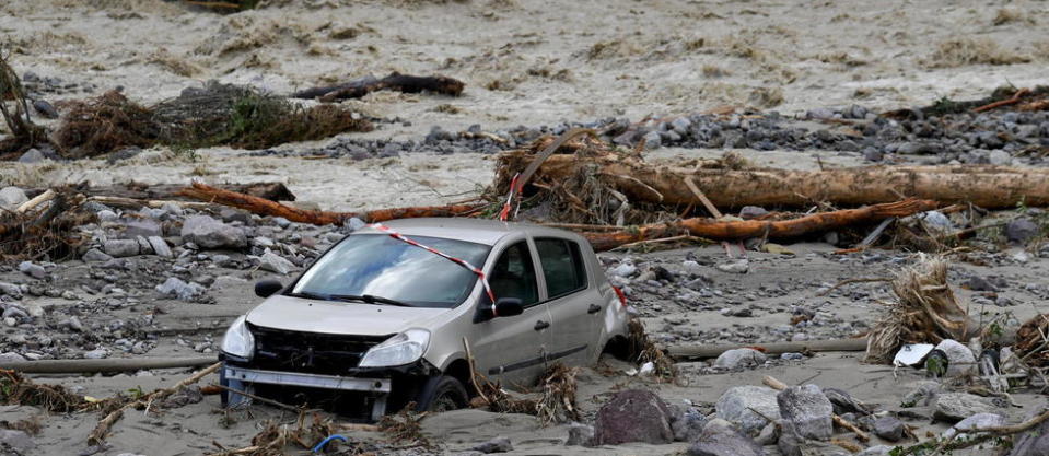 La Vésubie en crue à Roquebillière, dans les Alpes-Maritimes le 3 octobre 2020.
