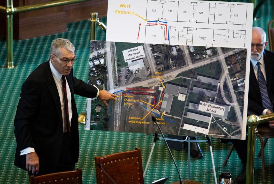 Texas Department of Public Safety Director Steve McCraw uses maps and graphics to present a timeline of the school shooting at Robb Elementary School in Uvalde, during a hearing , Tuesday, June 21, 2022, in Austin, Texas. Two teachers and 19 students were killed. (Sara Diggins/Austin American-Statesman via AP)