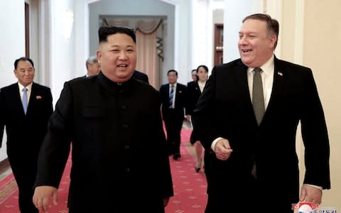 Kim Jong-un and Mike Pompeo meeting in Pyongyang - Credit: Korean Central News Agency/Korea News Service via AP, File
