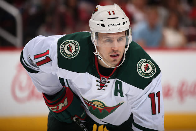 GLENDALE, AZ – APRIL 08: Zach Parise #11 of the Minnesota Wild leans in during a face off against the Arizona Coyotes at the NHL game at Gila River Arena on April 8, 2017 in Glendale, Arizona. The Wild defeated the Coyotes 3-1. (Photo by Christian Petersen/Getty Images)