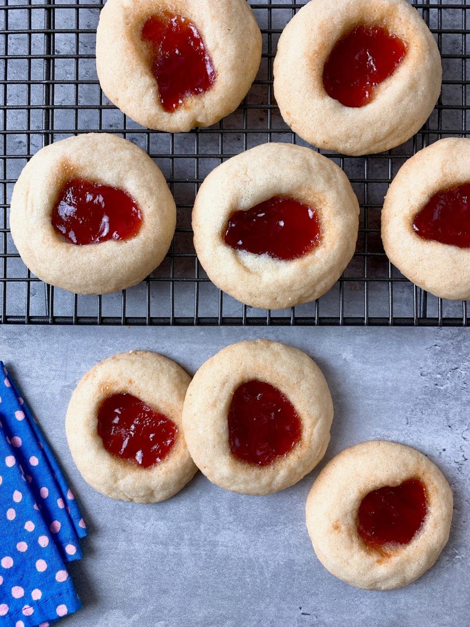 You can use any jam you like in thumbprint cookies.